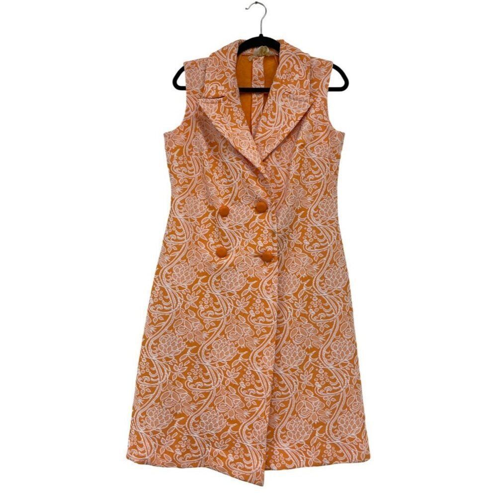 Vtg 70s Plw Womens Shift Dress M Medium Mini Orange Floral Knit Double Breasted
